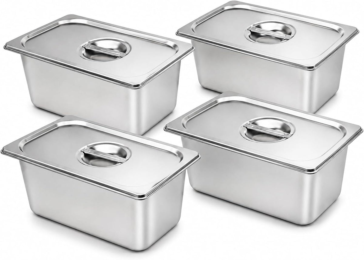 Hotel Pans with Lids,4 Pack 1/3 Size 6"Deep Stainless Steel Steam Table Pan