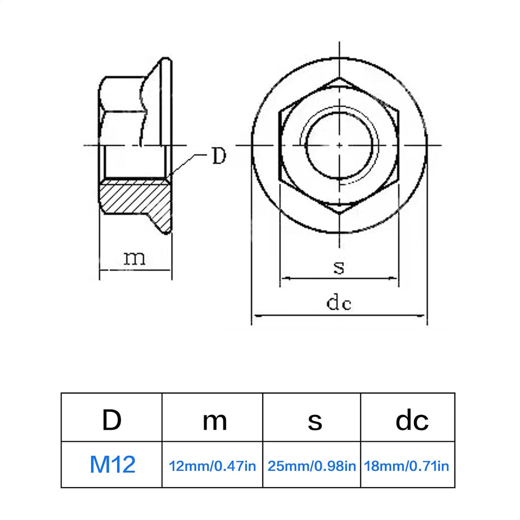 4 Pieces M12 x 1.25mm Pitch Serrated Flange Nut Hex Lock Nuts, Metric Fine Pitch, Stainless Steel 304