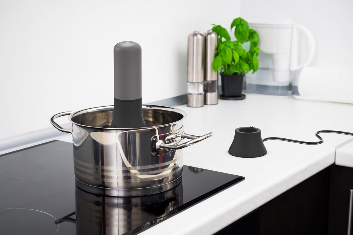 Stirr Plus - The Unique Automatic Pan Stirrer with Timer - Rechargeable USB Stand - Grey