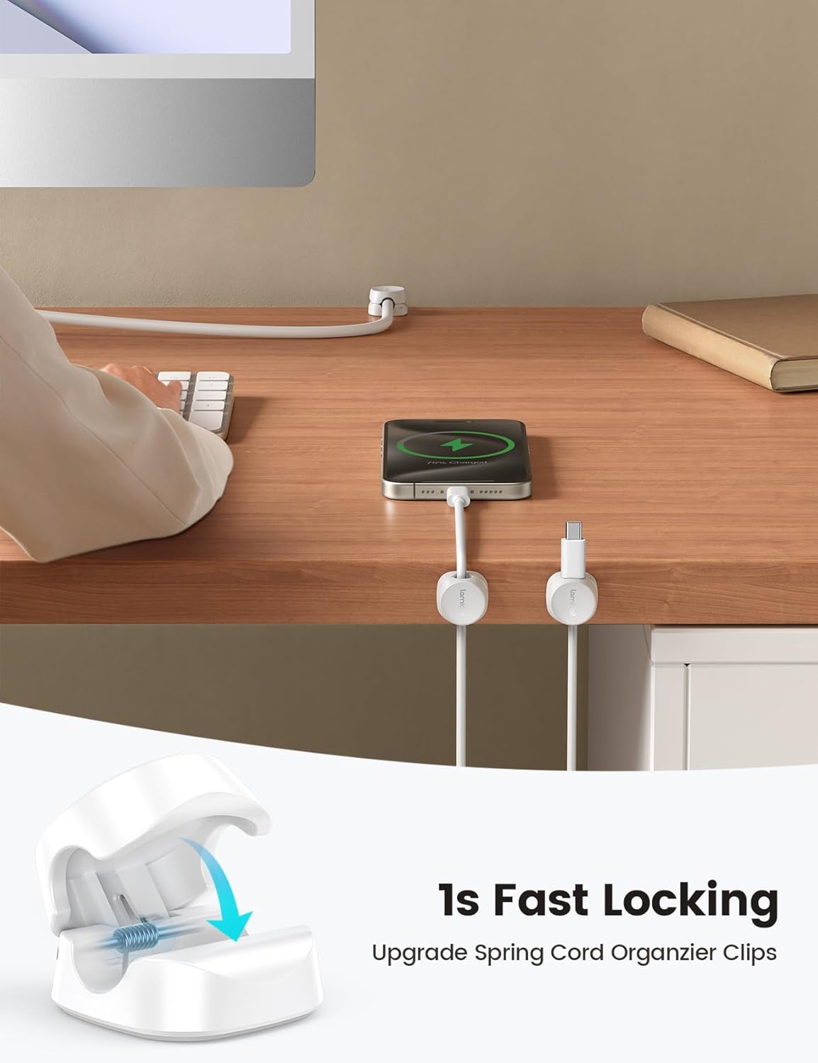 8 Pack Cord Organizer, [1s Lock] Spring Cable Management Clips - Adhesive Phone Cord Holder Clips for Nightstand Desk