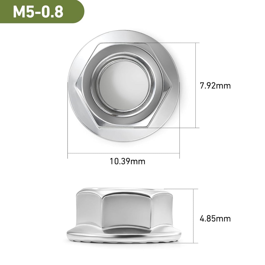 M5 Flange Nuts 175Pcs, Metric M5-0.8mm Serrated Flange Hex Nuts 304 Stainless Steel 18-8, Bright Plain Finish