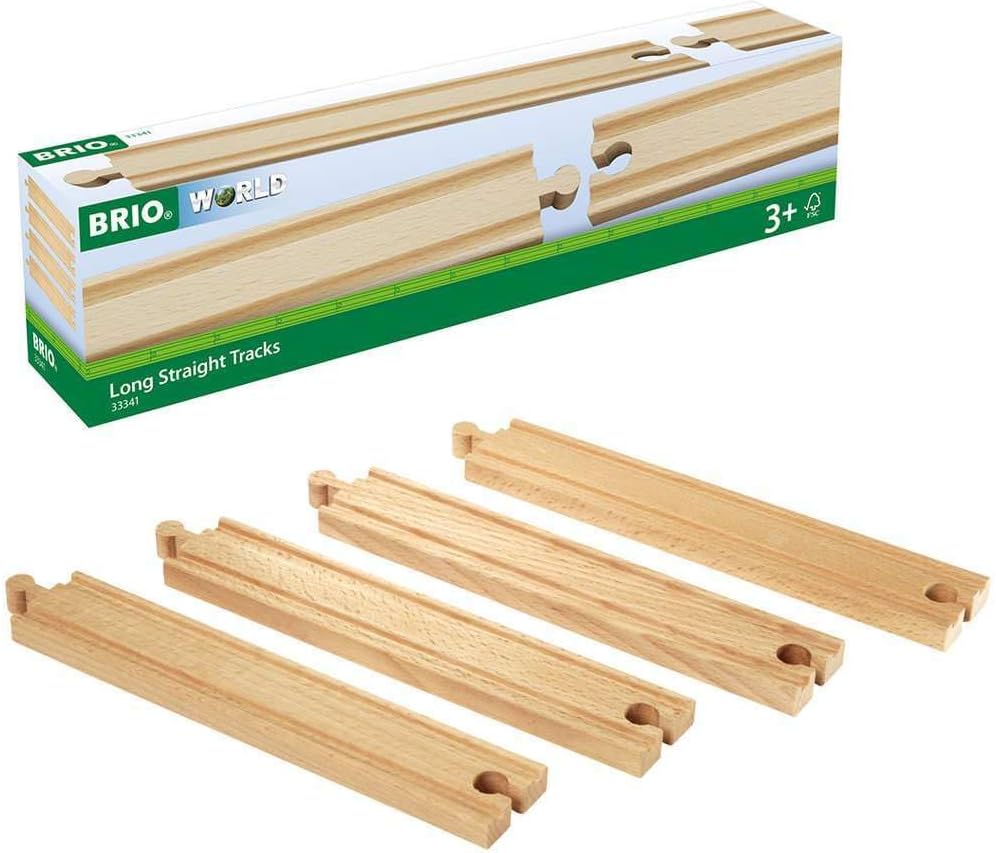 BRIO World 33341-4 Piece Long Straight Wooden Train Tracks | Expandable & Compatible Railway Set | Engineered for