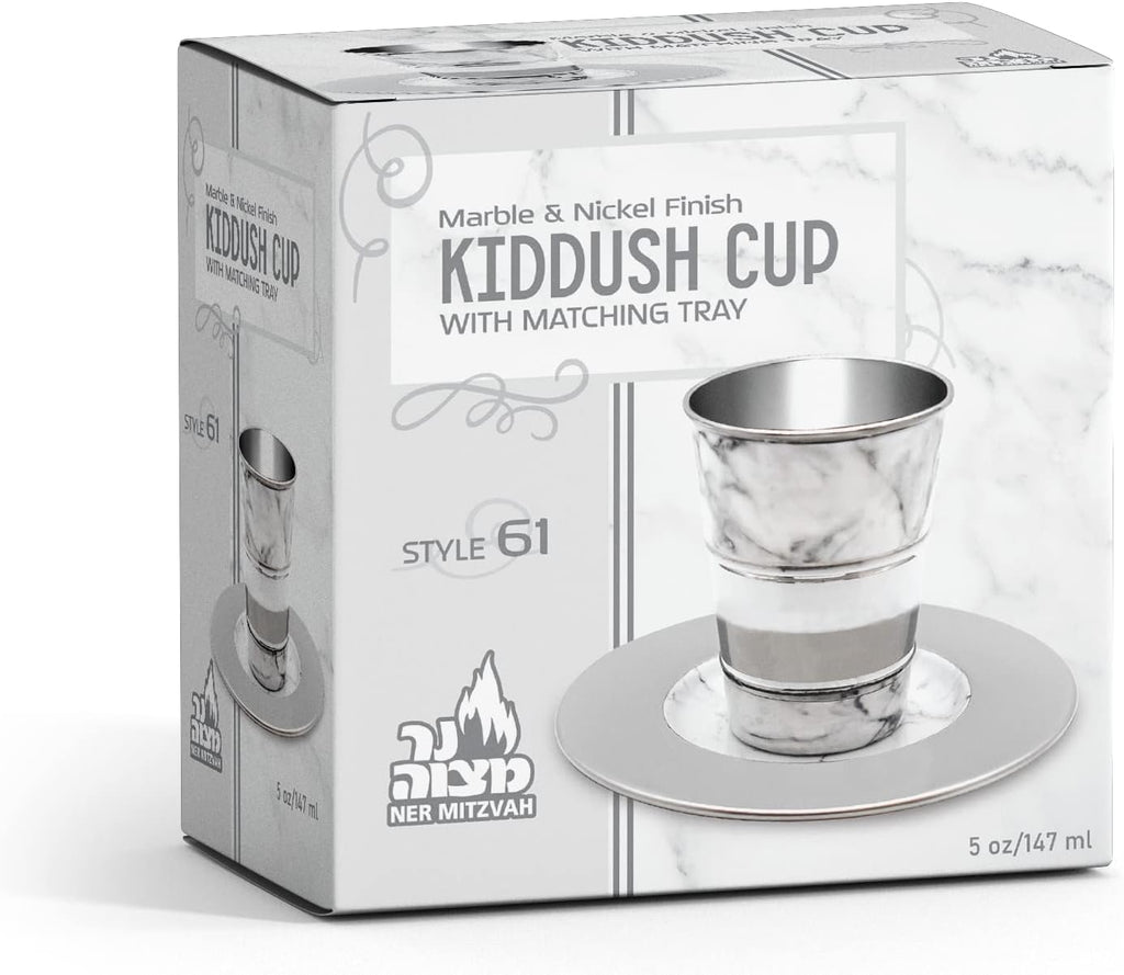 Kiddush Cup and Tray - Premium Quality White Marble and Nickel Plated Wine Cup - For Shabbat and Havdalah - Judaica