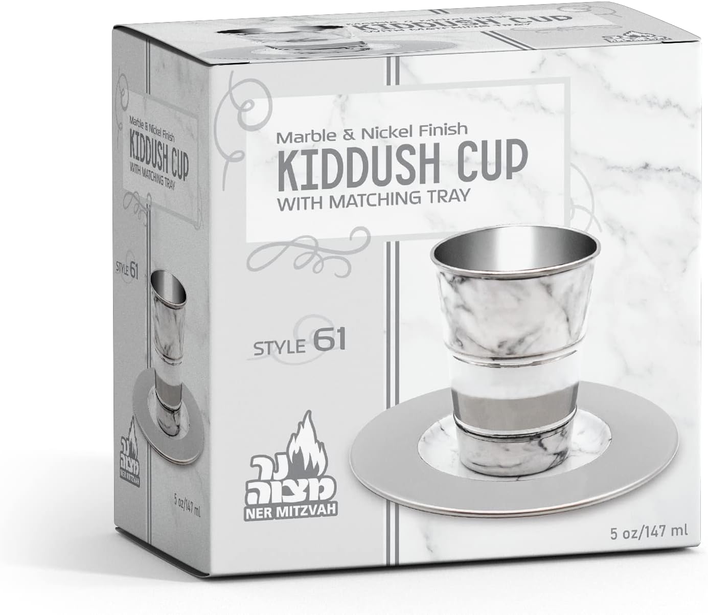 Kiddush Cup and Tray - Premium Quality White Marble and Nickel Plated Wine Cup - For Shabbat and Havdalah - Judaica