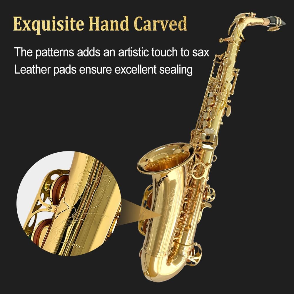 Beginner Alto Saxophone, E Flat - Complete Starter Kit with Case & 10 Reeds, for Adults & Students, Easy to Play for
