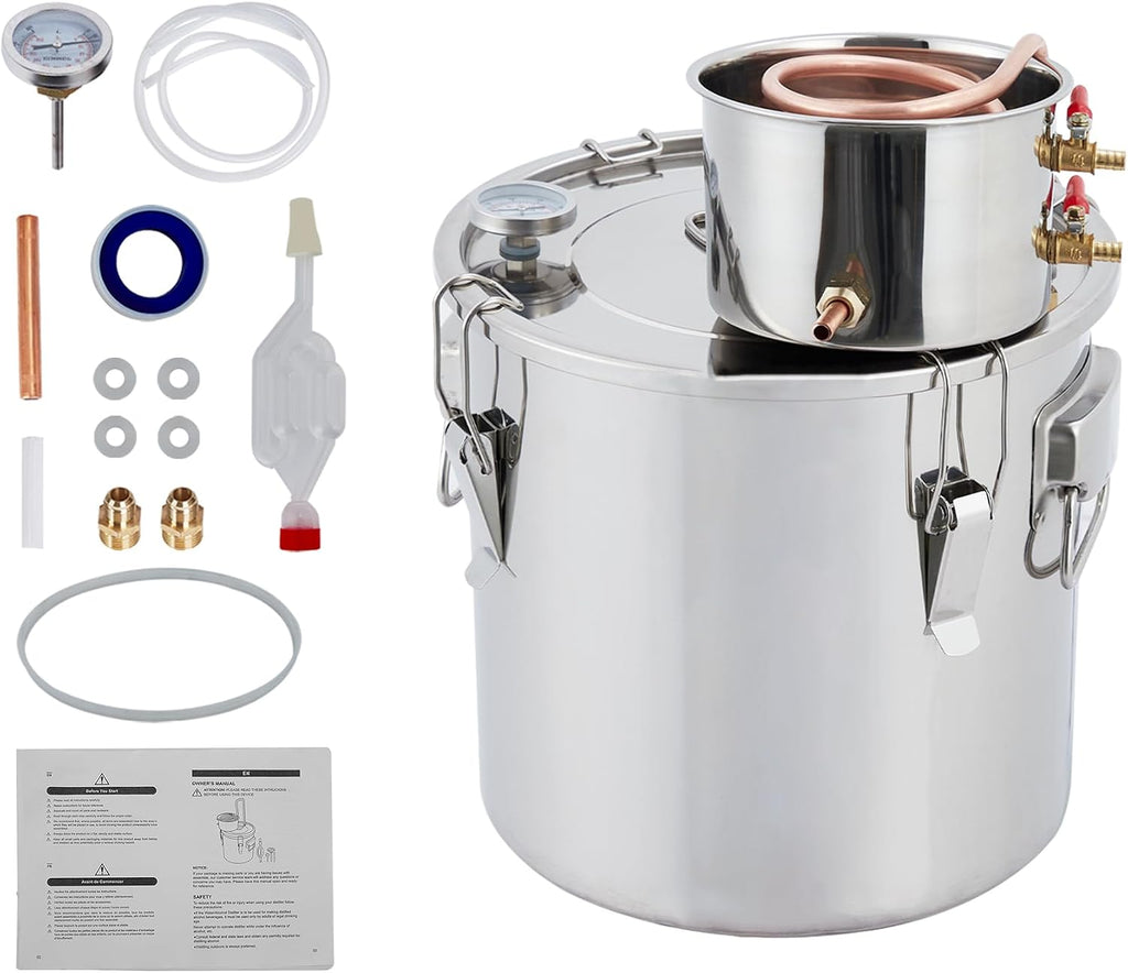 Professional Stainless Steel Alcohol Distiller Kit 10Gal, 2-Pot System with Thumper Keg & Copper Coil Condenser