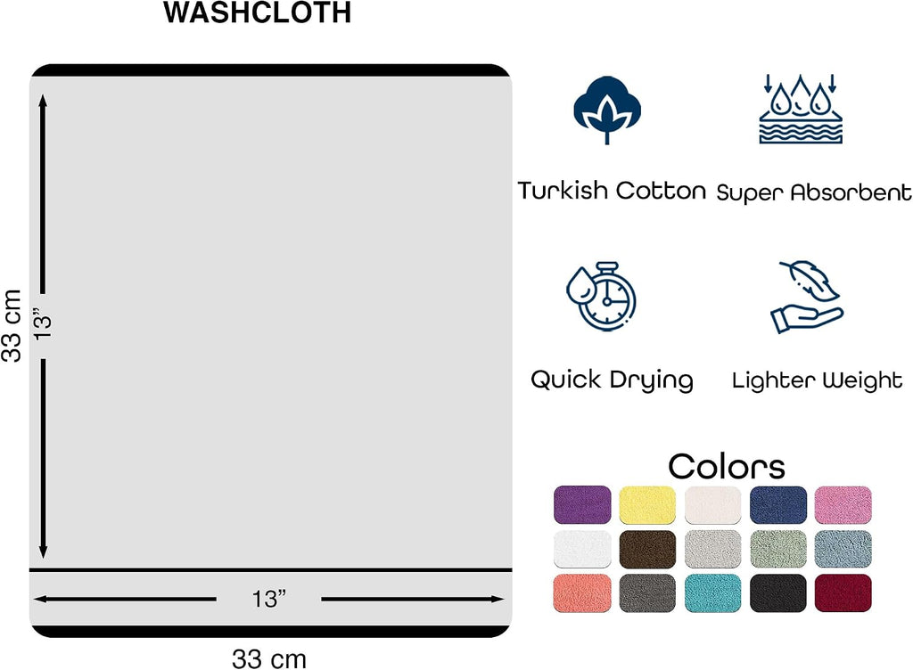 Luxury Cotton Washcloths 13x13 Inch - Large Hotel Spa Bathroom Face Towel | 12 Pack | Purple