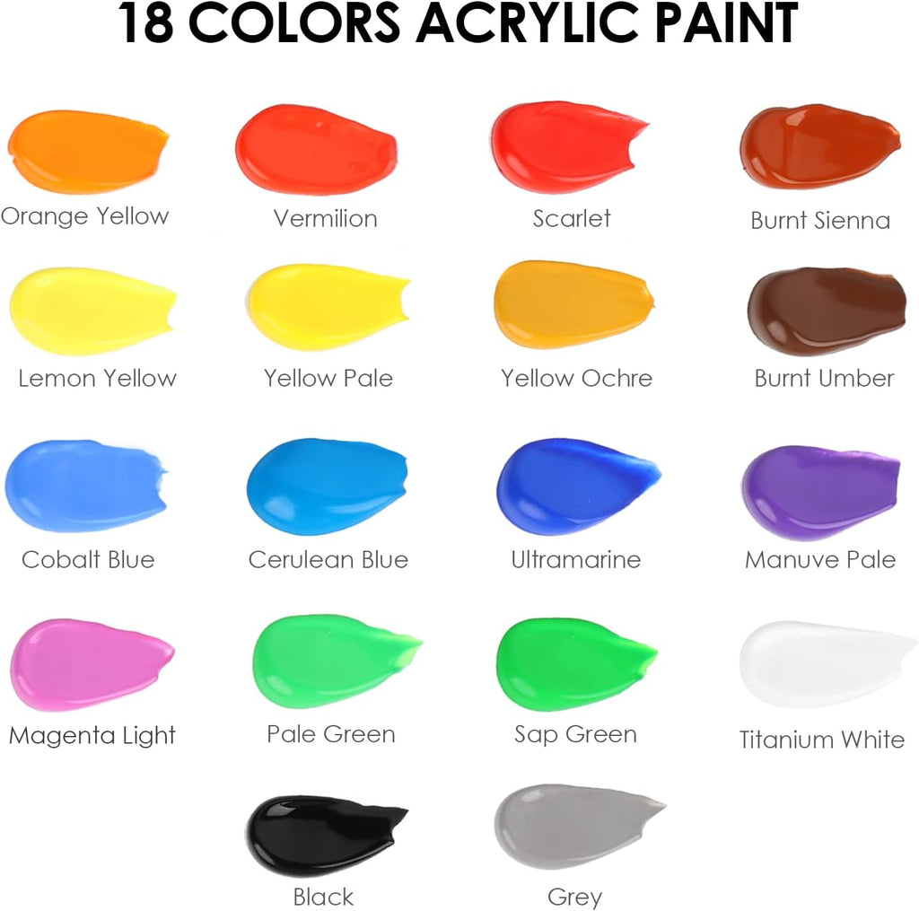 Acrylic Paint Set with 10 Brushes, 18 Colors Outdoor/Indoor (59ml, 2 oz) Art Craft Paint Non Toxic, Perfect for