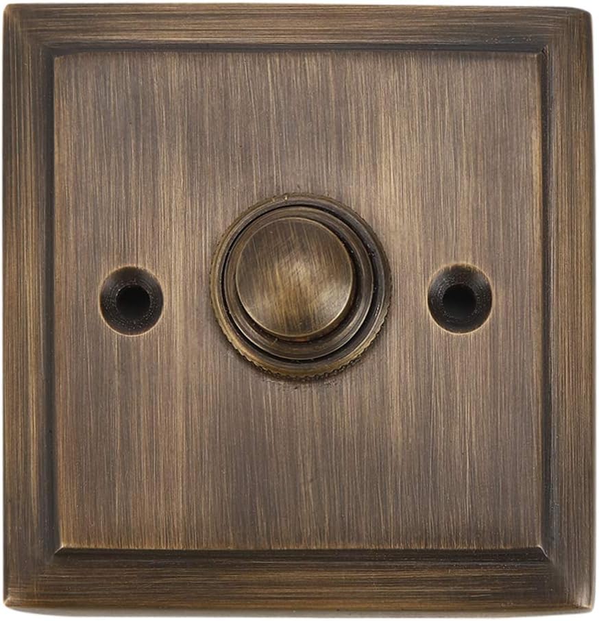 Push Button Doorbell, Solid Brass, Antique Brass Finish | 2 1/2 x 2 1/2 in, Wired Recessed Mount, Vintage Style Push