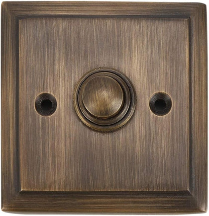 Push Button Doorbell, Solid Brass, Antique Brass Finish | 2 1/2 x 2 1/2 in, Wired Recessed Mount, Vintage Style Push