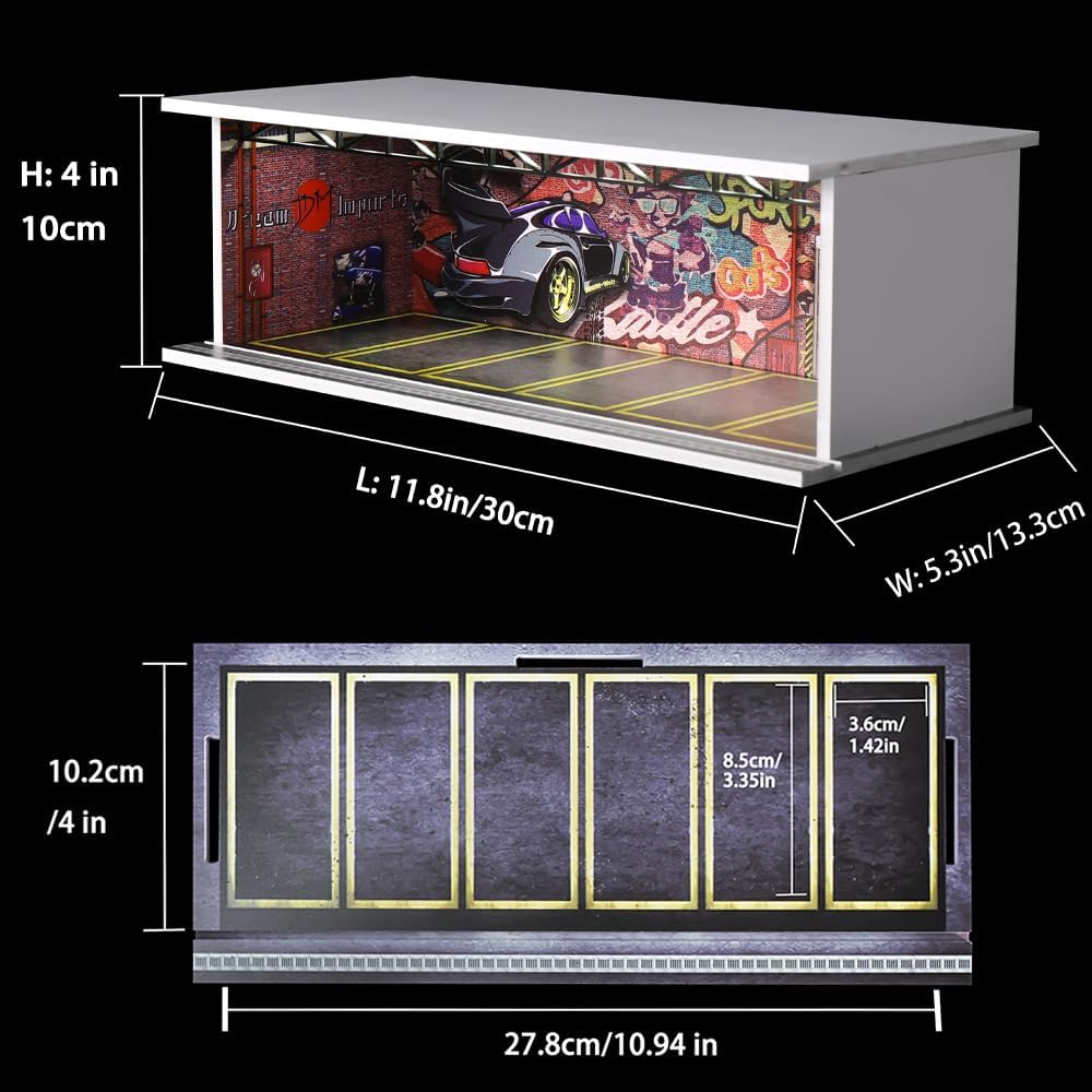 1/64 Scale Diorama Garage Display Case for Die-Cast Model Cars | Acrylic Cover, Storage with 6-Space Scene Parking