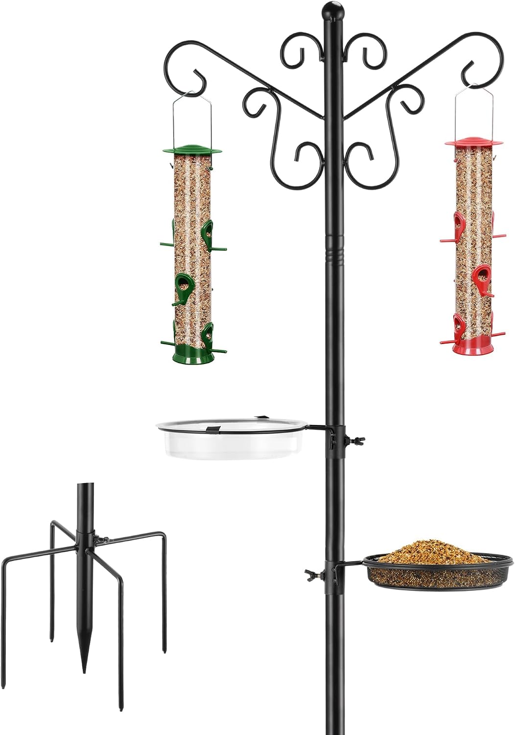 Bird Feeding Station,Heavy Duty Bird Feeder Pole with Upgraded Thickened Pole & 5-Prong Base,Hanging Hooks,Mesh