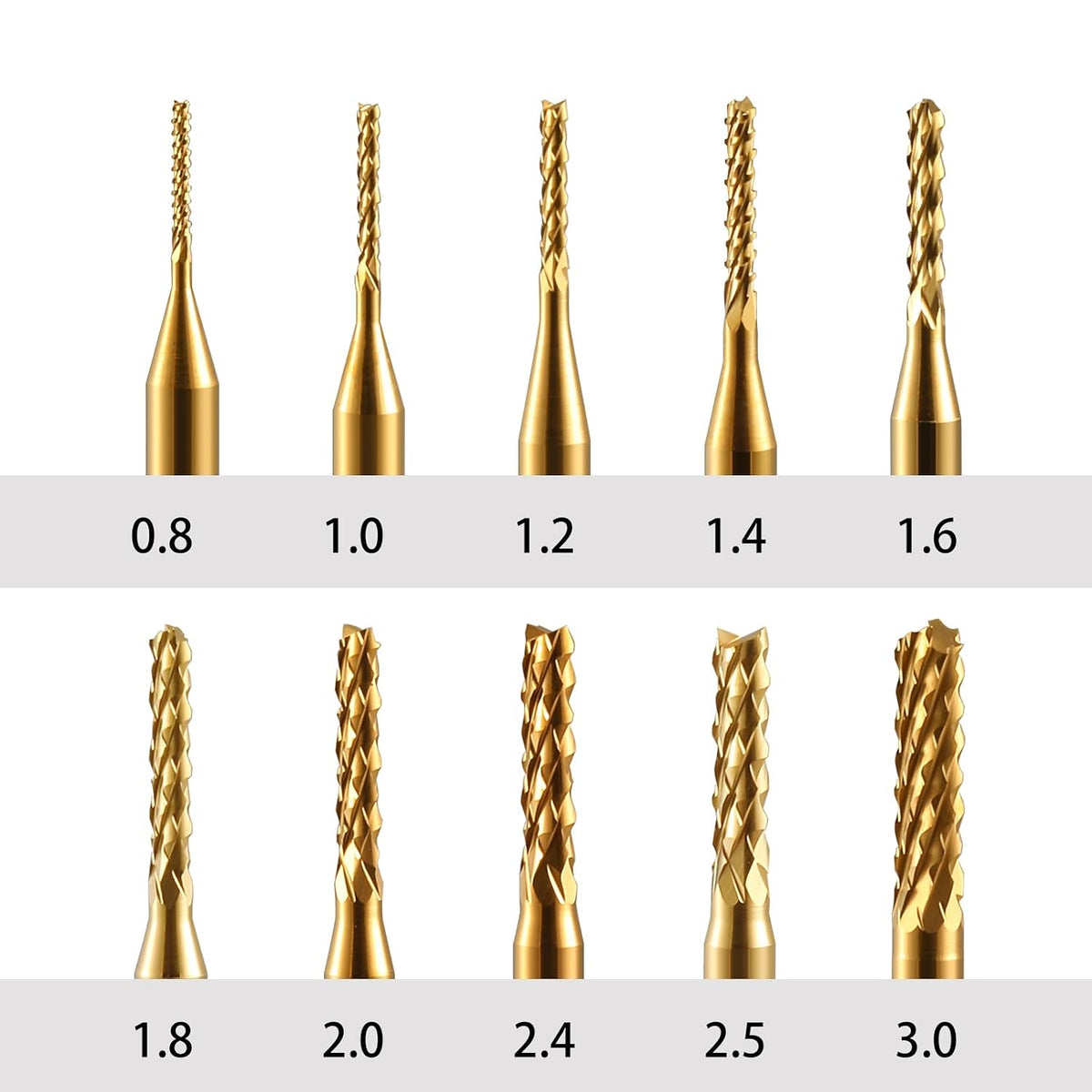 End Mill Sets,10Pcs Titanium Coat Ending Mill,1/8" Shank 0.8-3mm Micro End Mill Engraving Bits CNC Router Bits for Rotary Tools