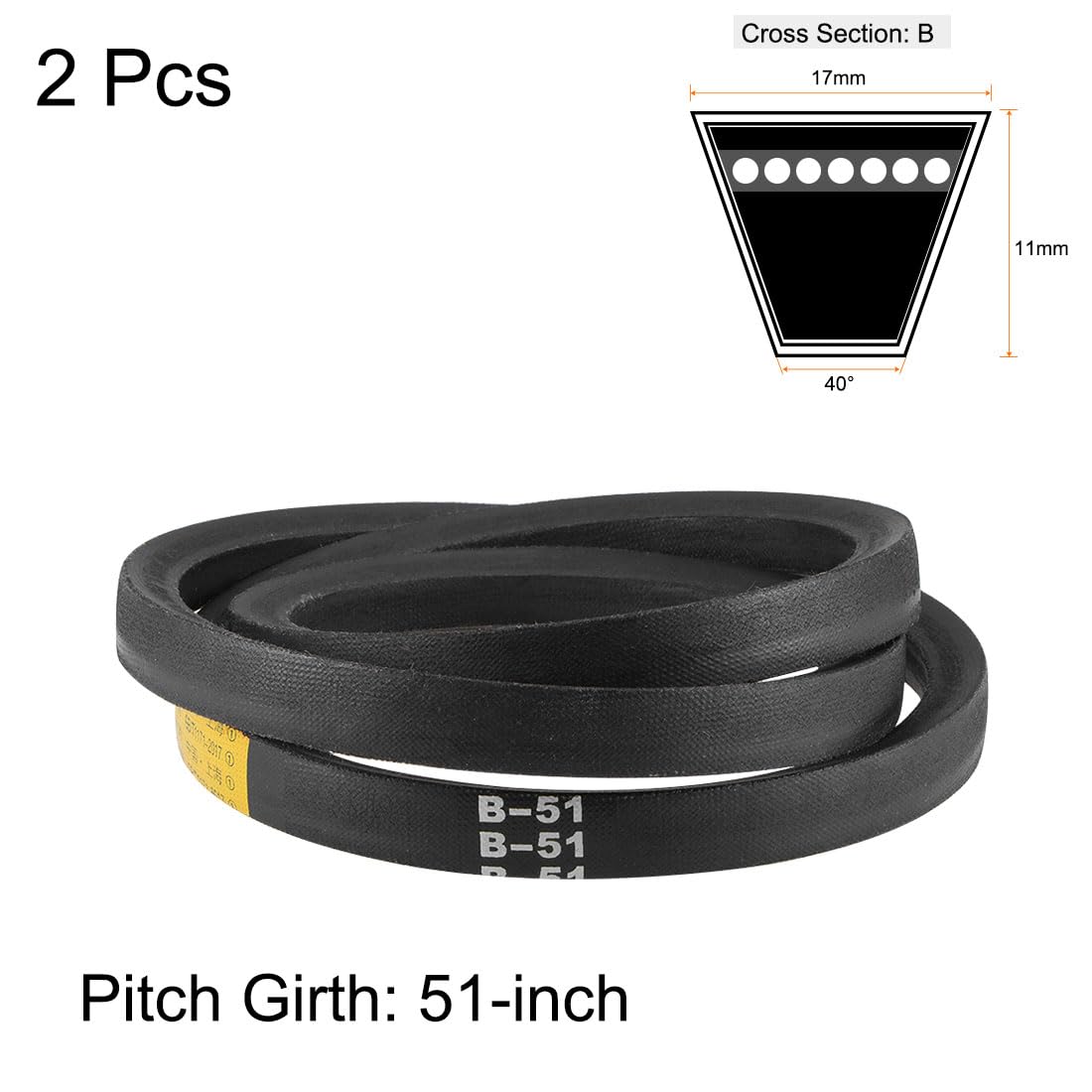 uxcell B51 V-Belts 51" Pitch Length, B-Section Rubber Drive Belt 2pcs