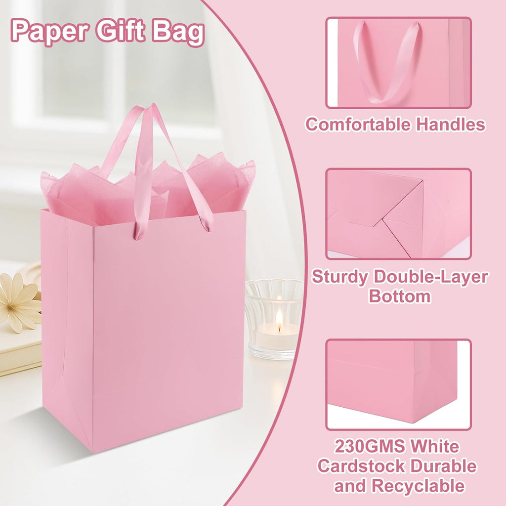 8 Pack Medium Gift Bags With Handles and 16 Tissue Paper, 8" X 5" X 10" Paper Bags Bulk for Birthday Party, Baby