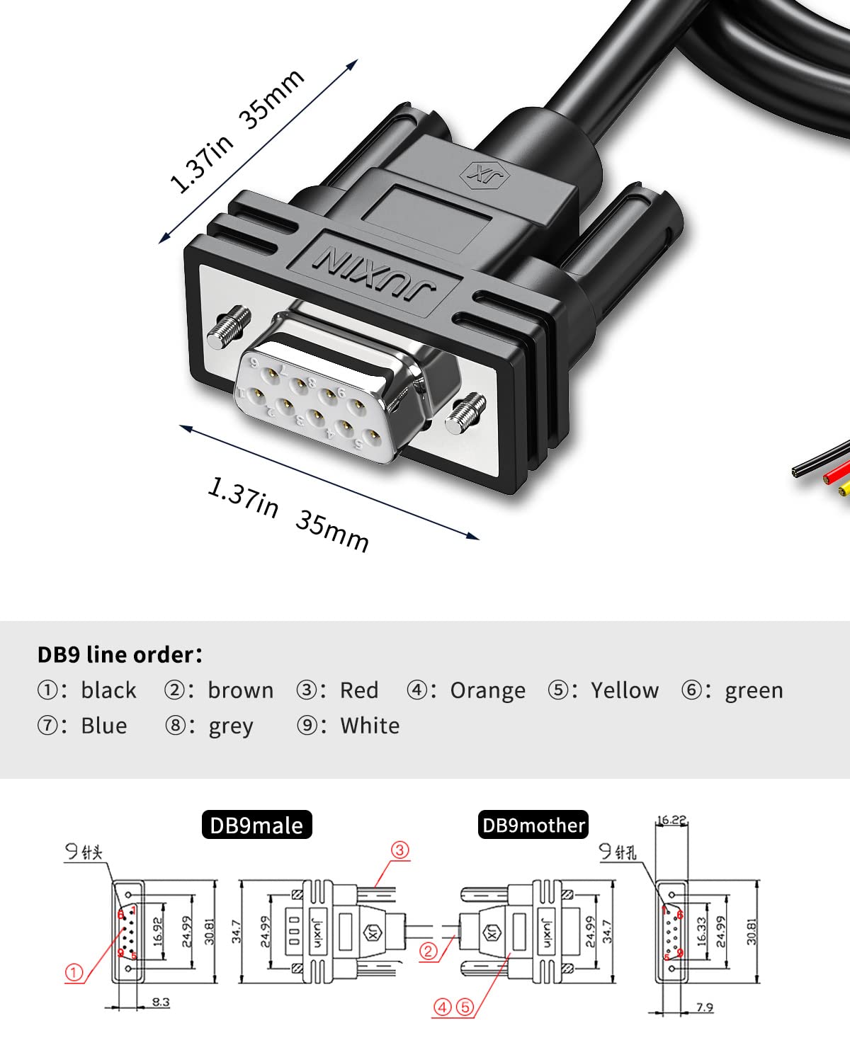 DB9 Female Connector to Bare Wire END, D-SUB 9 pin RS232 Serial Extension Cable Double shielde,DB9 to 9-Core Wires 3ft -Black
