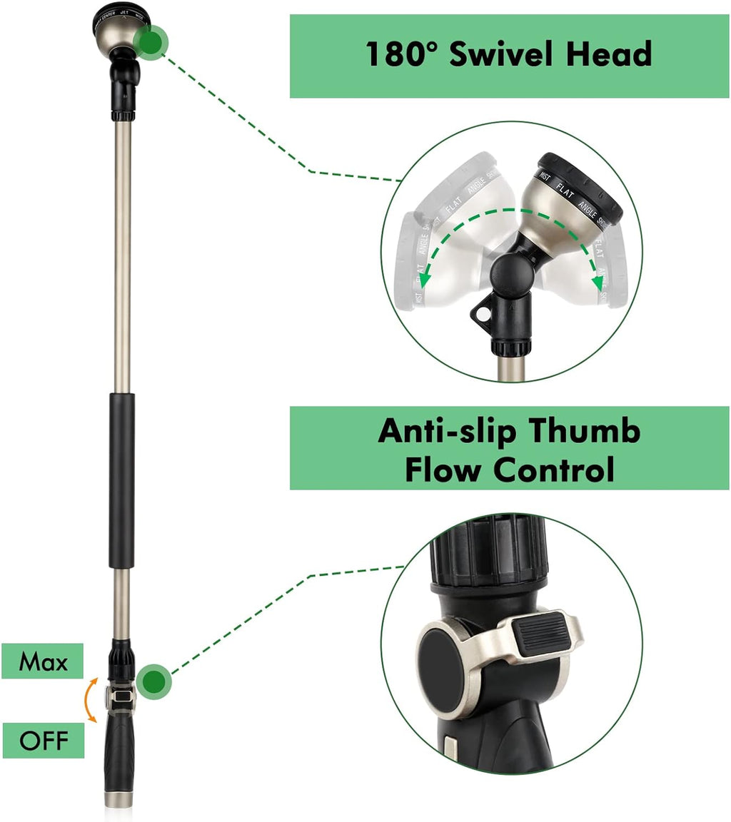 36” Long Watering Wand, Metal Garden Hose Wand with 180° Swivel Head and 10 Spray Patterns, 3ft Heavy Duty Hose