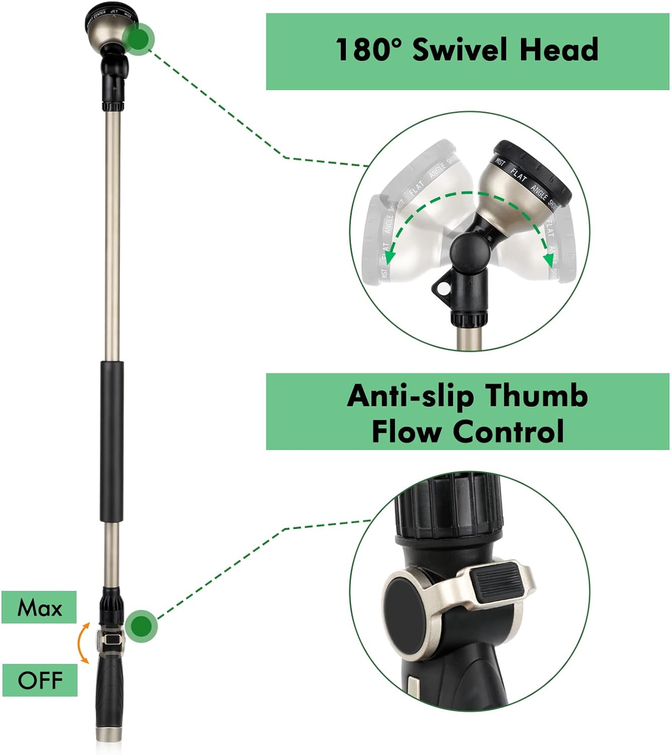 36” Long Watering Wand, Metal Garden Hose Wand with 180° Swivel Head and 10 Spray Patterns, 3ft Heavy Duty Hose