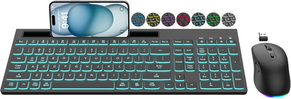 Wireless Keyboard and Mouse Combo, 7 Backlit Effects, Light Up Letters, Rechargeable, Phone Holder, 6 Button Mouse