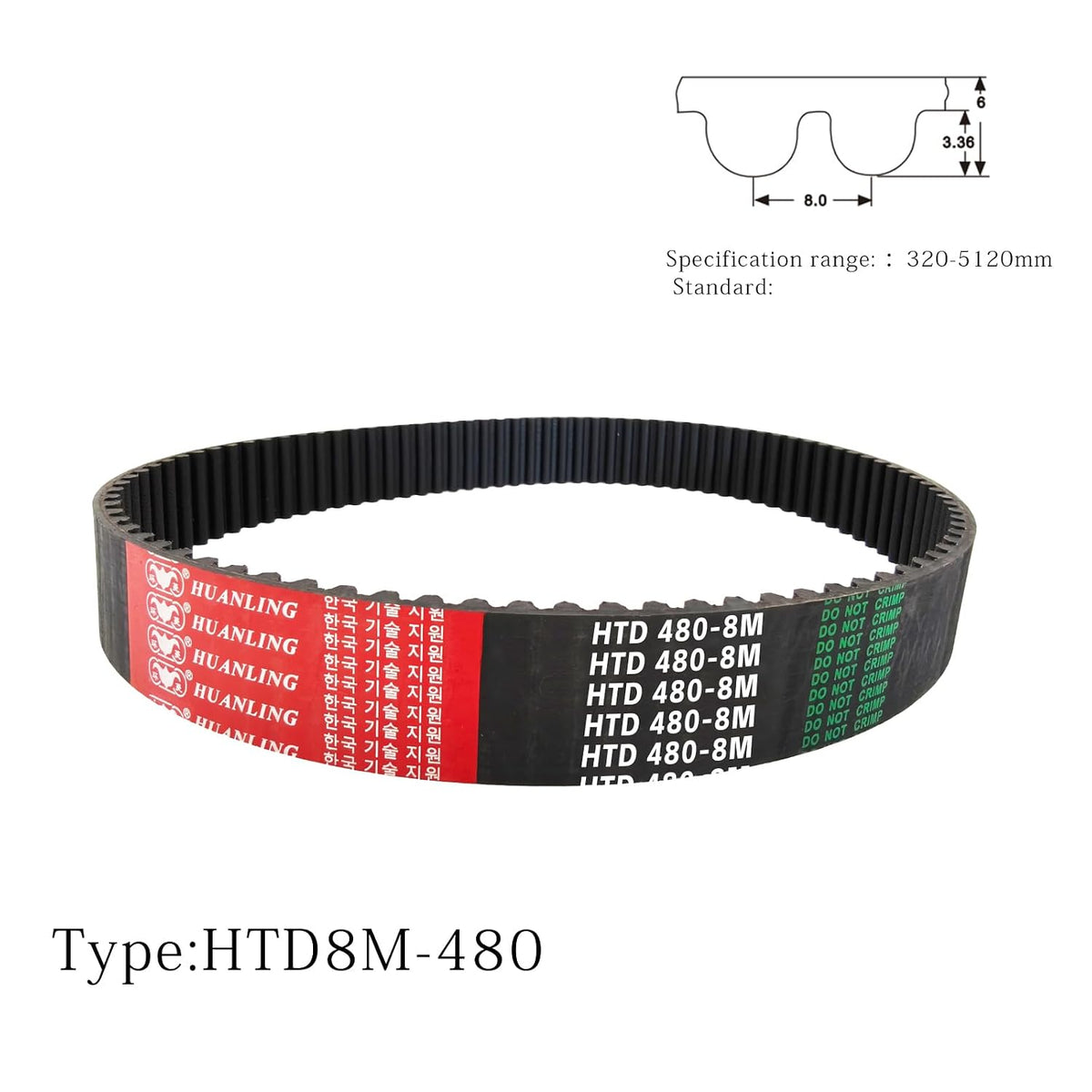 480-8M-20 HTD Timing Belt, 480mm Length x 20mm Width x 6mm Height, 8mm Pitch, 60 Teeth, Closed Loop Pulley Timing Belt