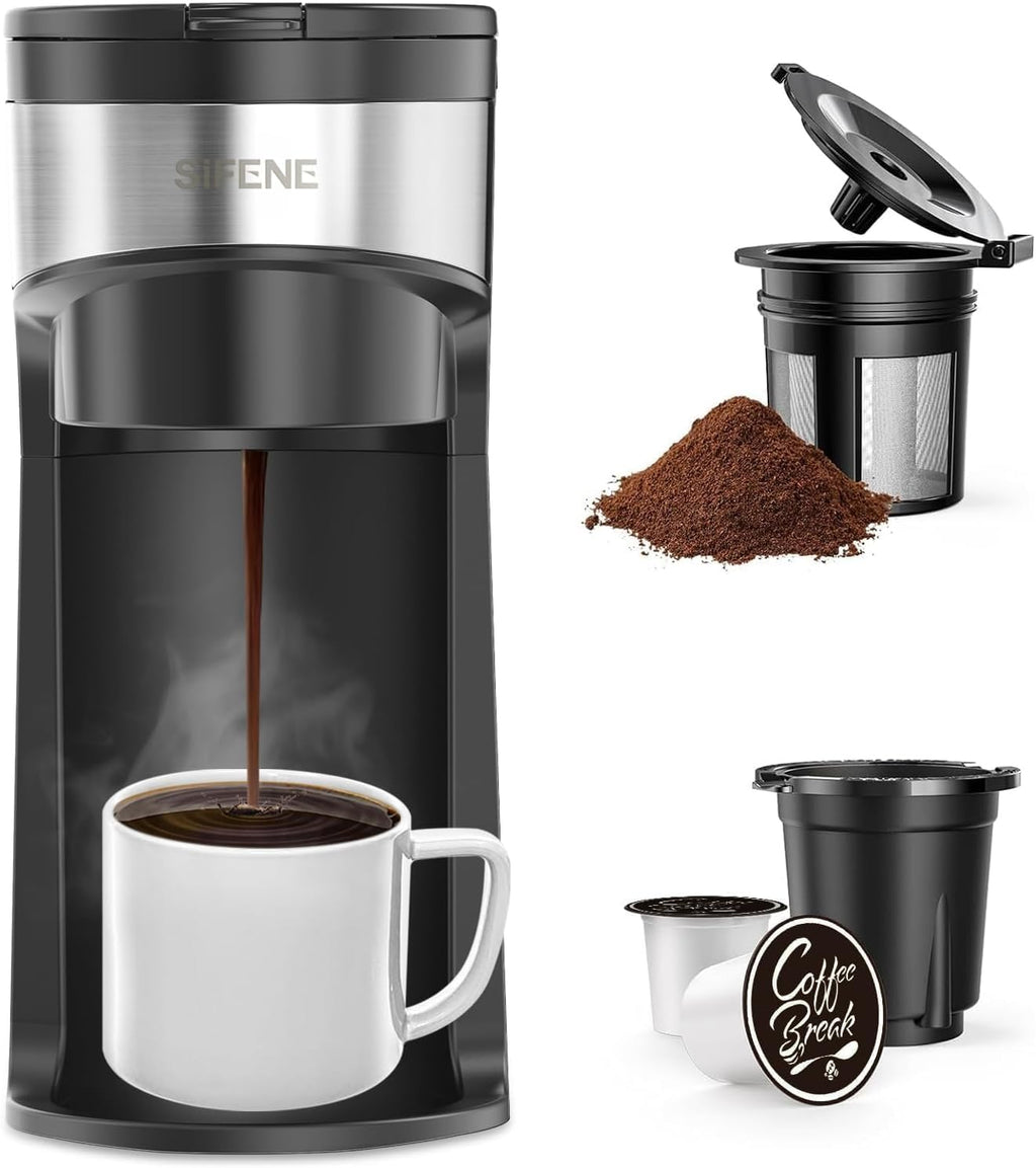 Mini Single Serve Coffee Maker, 2-in-1 Portable Drip Machine for K-Pods & Ground Coffee, Fast Brew, Auto Shut-Off