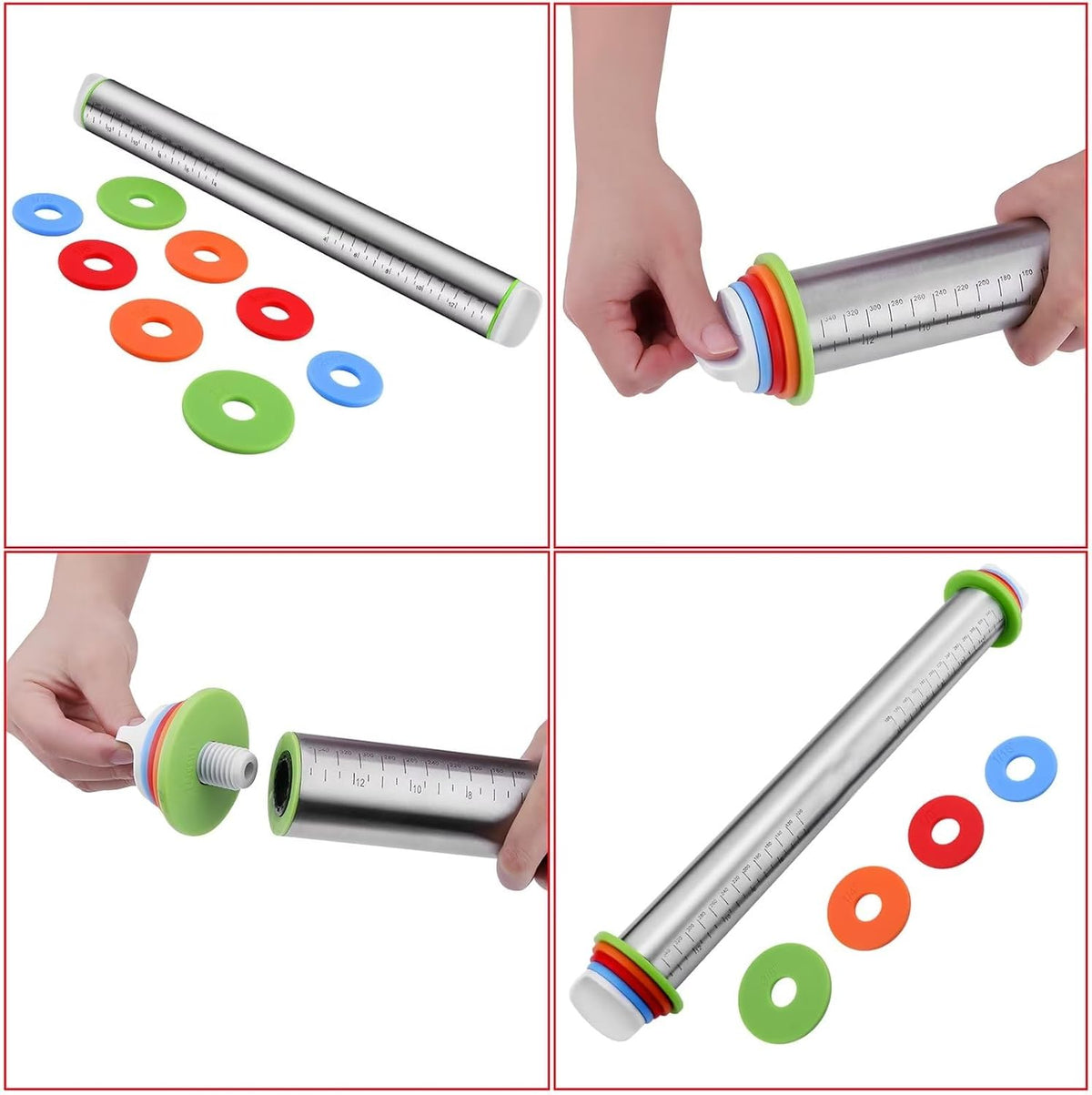 Stainless Steel Rolling Pin and Silicone Mat Set, Adjustable Thickness Rings