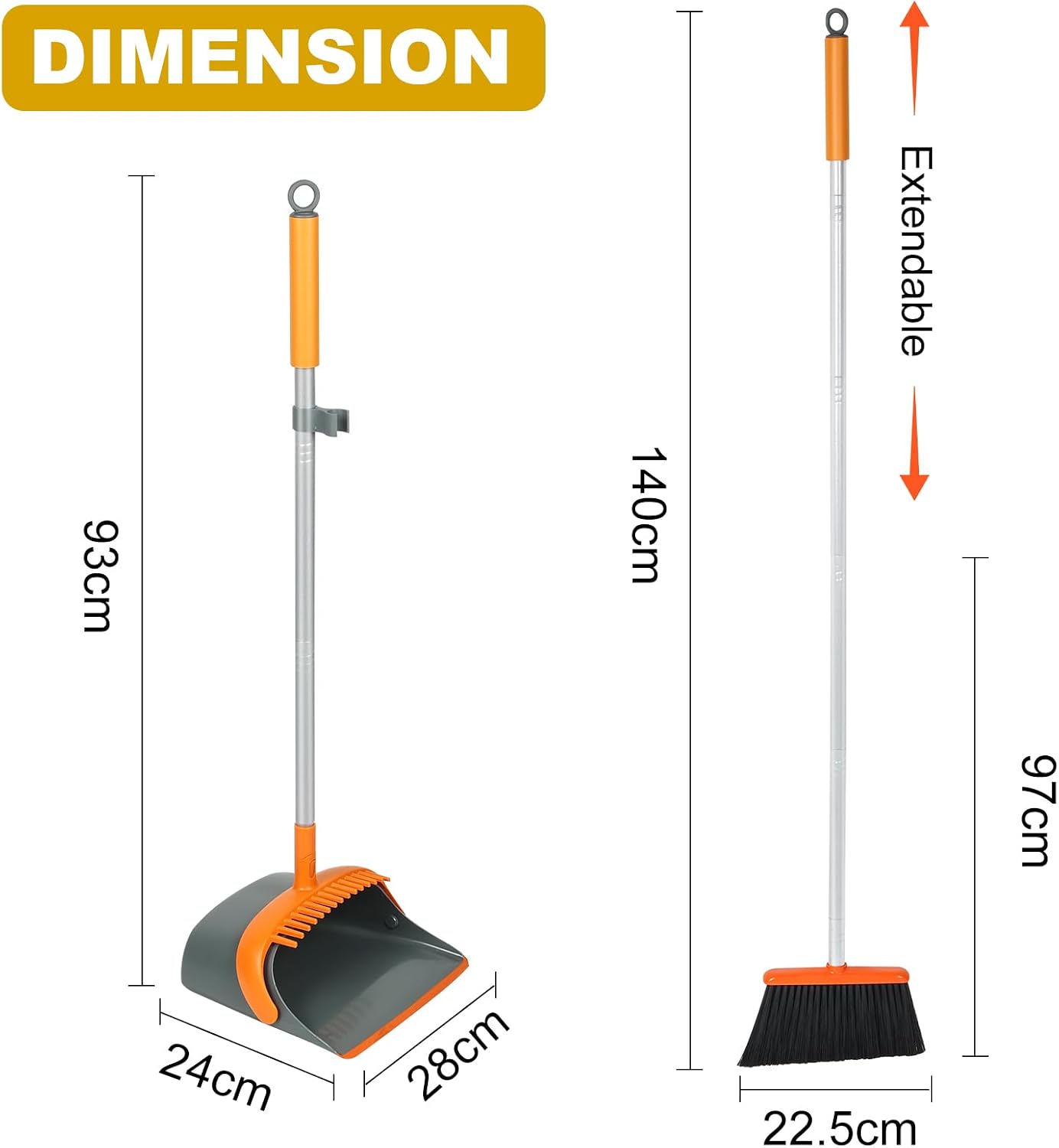 Broom and Dustpan Set with 54 Inch Long Handle - Perfect Dust Pan and Brush Combo for Home Efficient Cleaning (Orange