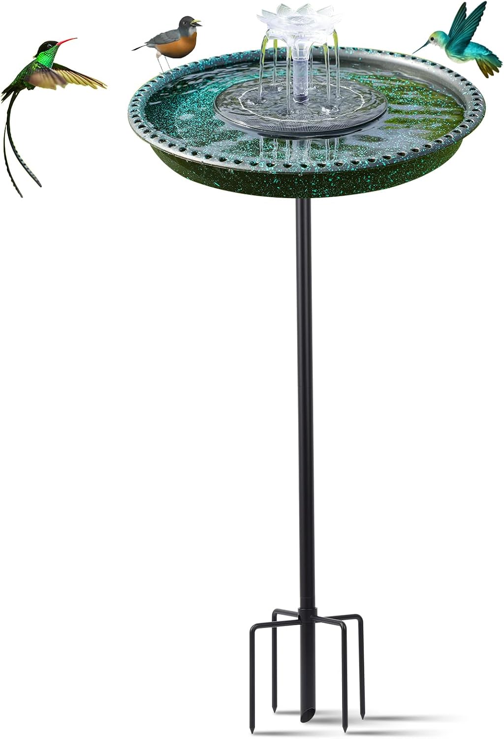 Bird Bath with Solar Powered Fountains for Hummingbirds,Stable Stylish Design with 5-Prong Base Stake Plastic Bird