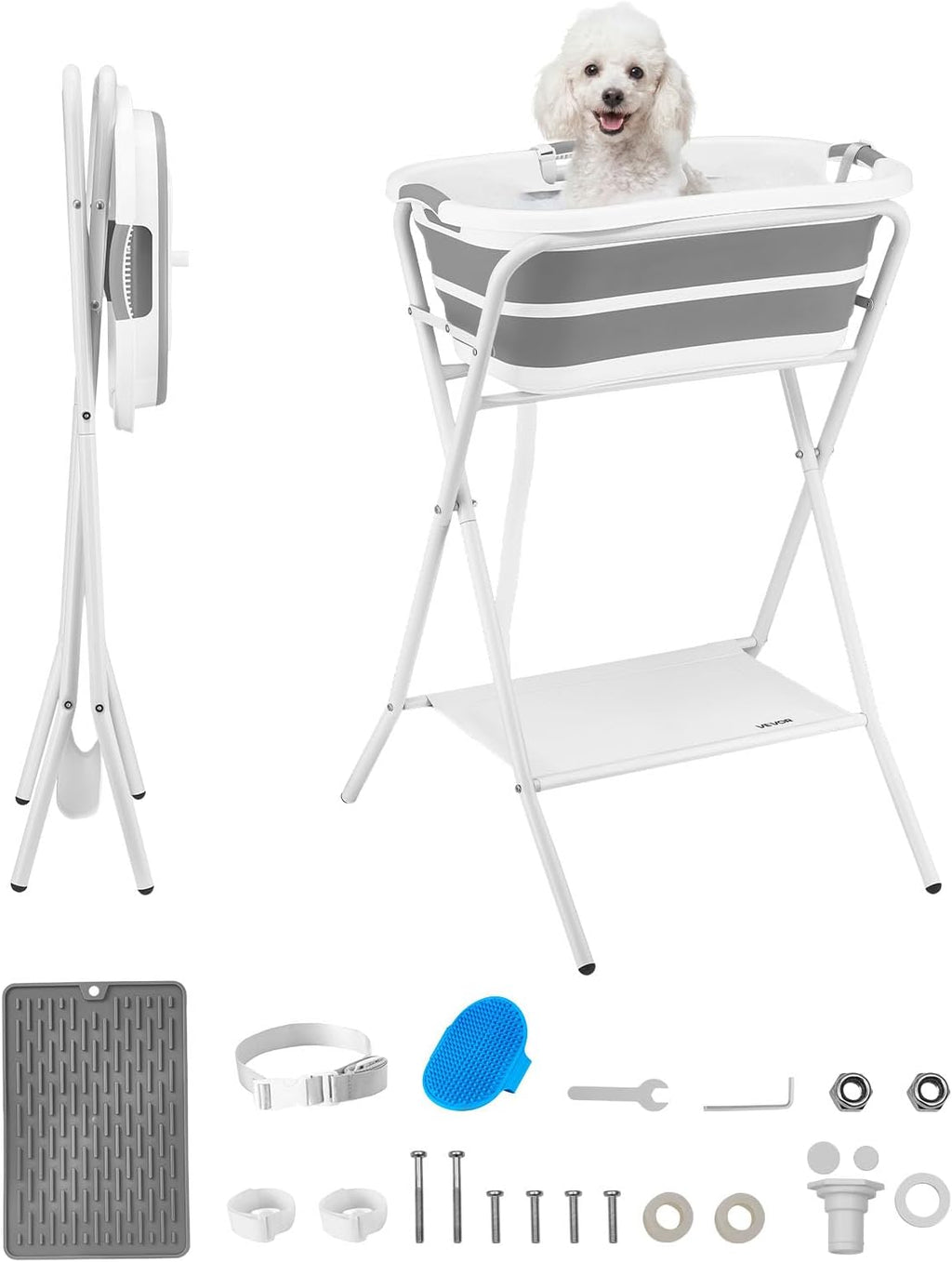 Dog Bathtub, Elevated Dog Bath Tub, 2 in 1 Collapsible Pet Bathing Grooming Wash Station, Portable Foldable