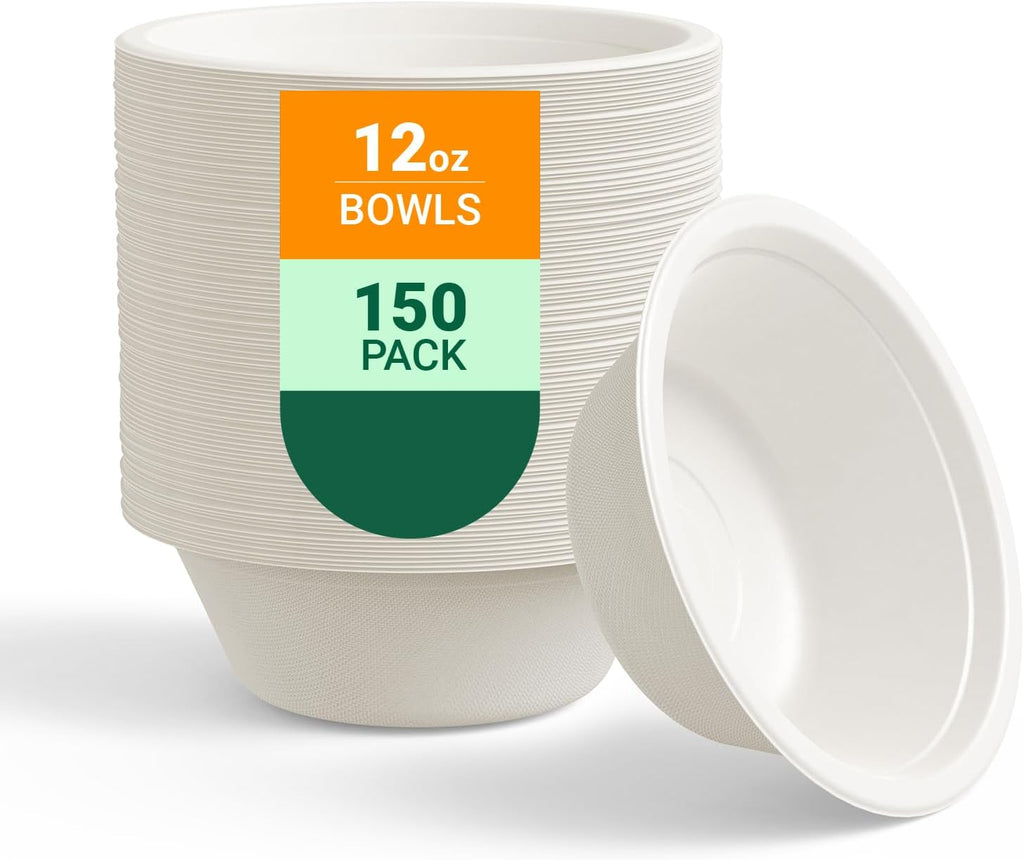 150 Pack 12 oz Compostable Paper Bowls Disposable, White