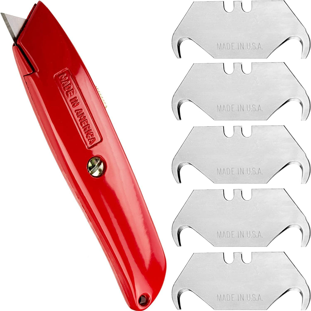 Heavy Duty Hook Blade Utility Knife with 5 Spare Refills. Sharp, Retractable Hooked Box Cutter Tool for Shingles