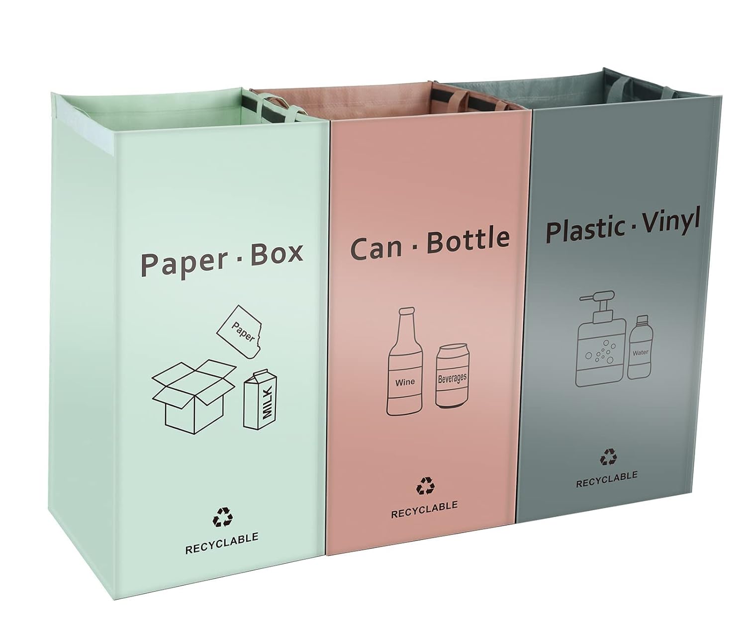 Separate Recycling Bin for Kitchen Home - Indoor Recycle Bins (Pink, Green, Gray) Waste Trash Sorting Bins, Reusable