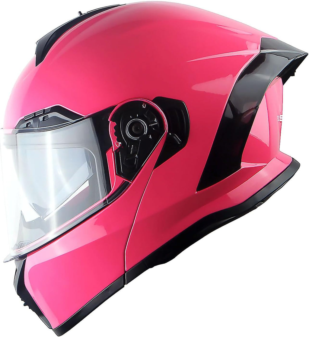 New Motorcycle Bike Modular Full Face Helmet Dual Visor Sun Shield with Rechargeable LED Tail Light: LED-X90 Glossy Pink