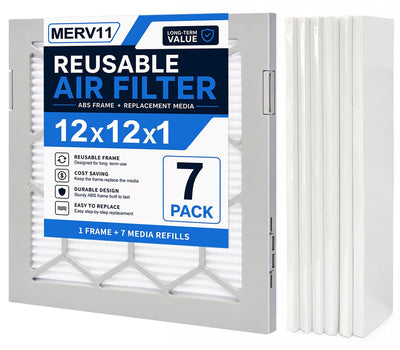 12x12x1 MERV 11 Air Filter,AC Furnace Air Filter,Reusable ABS Plastic Frame, 7 Pack Replaceable Filter Media (Actual