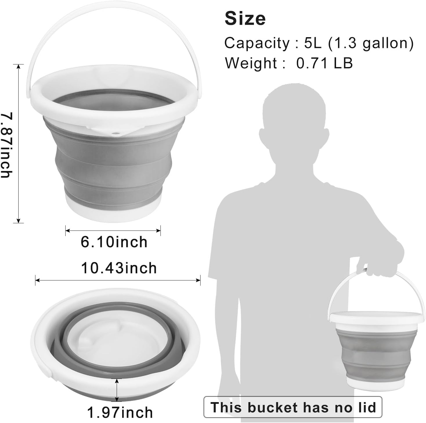 Collapsible Mop Bucket and Ice Bucket-5L(1.3 Gallon) Household Cleaning Silicone Dust Mops Bucket with no Wringer