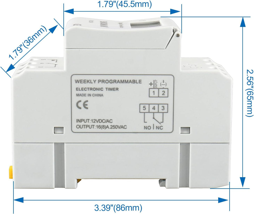 BAOMAIN 12V AC/DC Digital Programmable Timer Switch 16A DIN Rail Mount