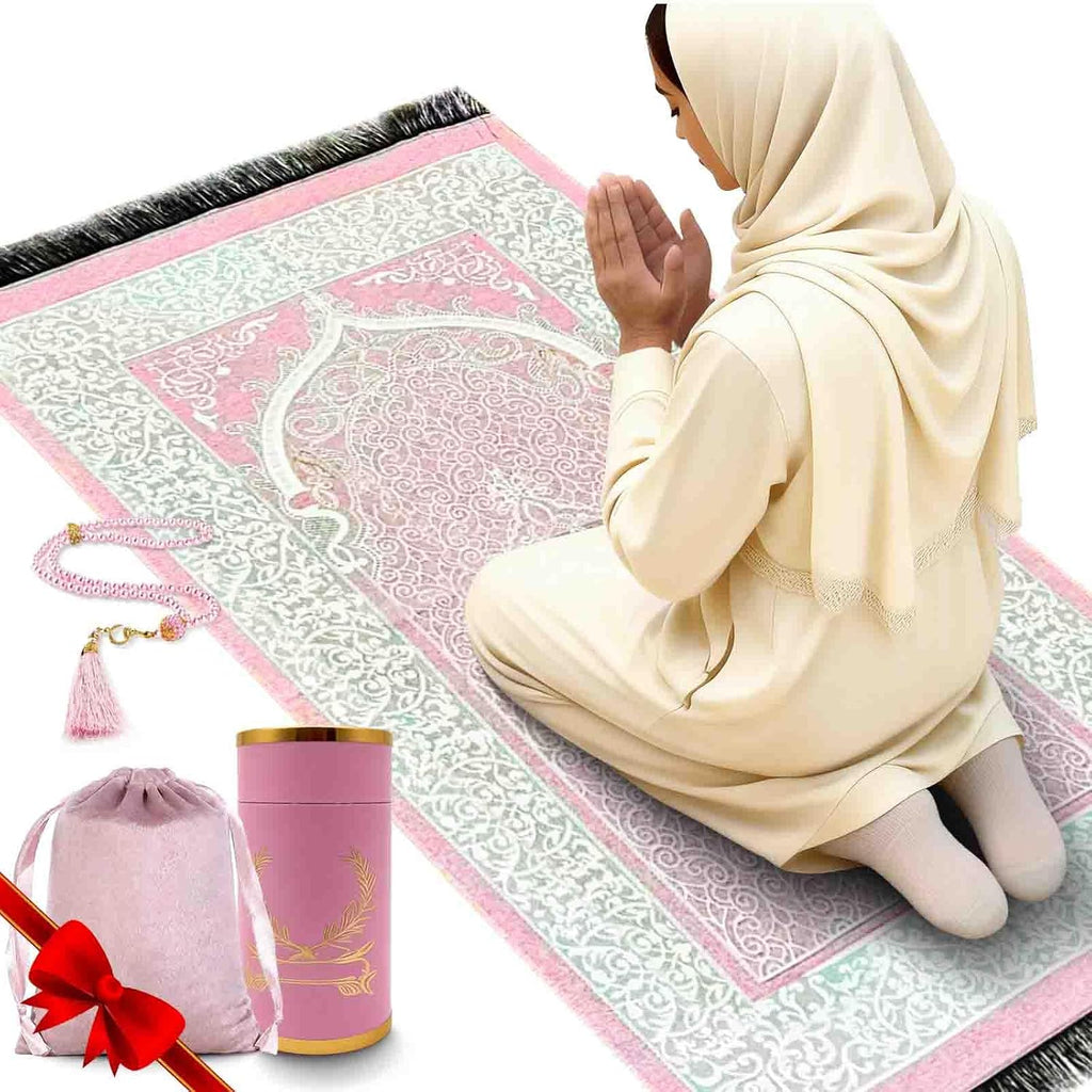 Muslim Prayer Rug and Beads with Gift Box, Soft Islamic Prayer Mat, Islamic Gifts Set, Prayer Carpet Mat