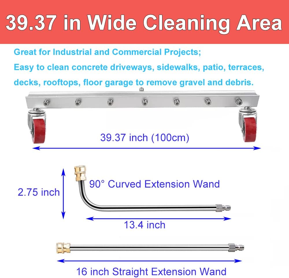 39 inch Water Broom Pressure Washer Surface Cleaner 4000 Psi Power Broom Sweeper with 7 Nozzles 2 Extension Wand for