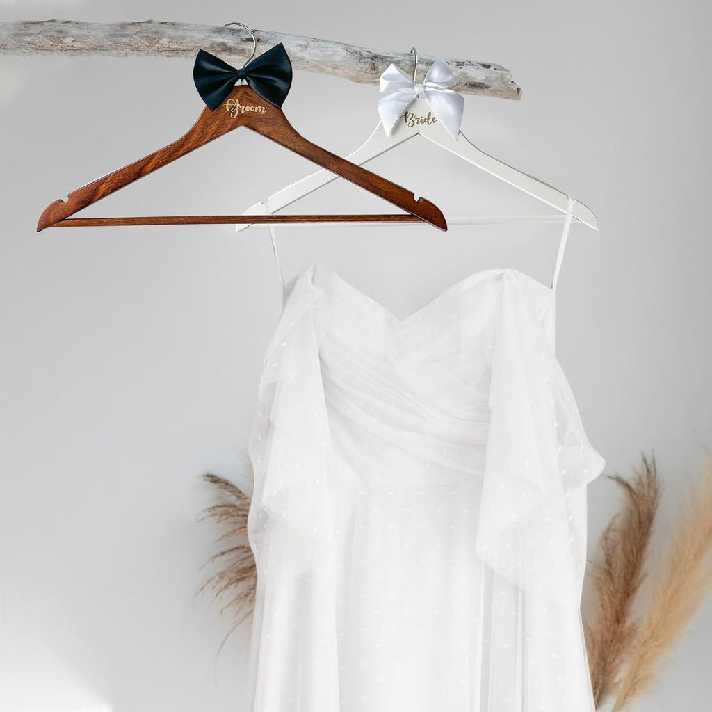Groom Bride Hanger for Wedding Dress or Suit - 2 Pack Wedding Hangers Gifts Accessories - Bridal Hanger with Bow Tie