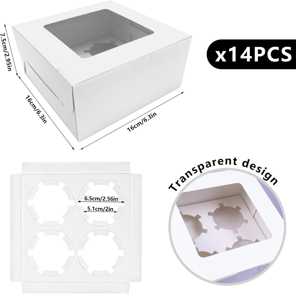 14 PCS White Paper Cupcake Boxes with 4 Cavity Cookie Gift Boxes with Clear Window 4 Treat Holder Cupcake Containers