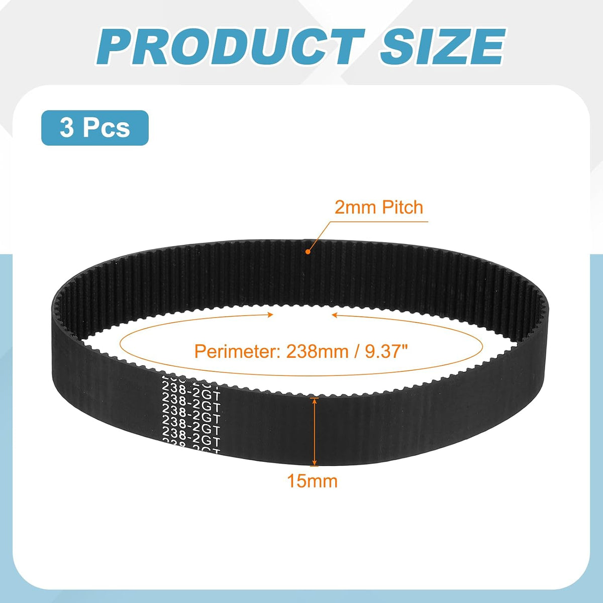 MECCANIXITY 238mm GT-2 Timing Belt 15mm Width 2mm Pitch Black 3pcs