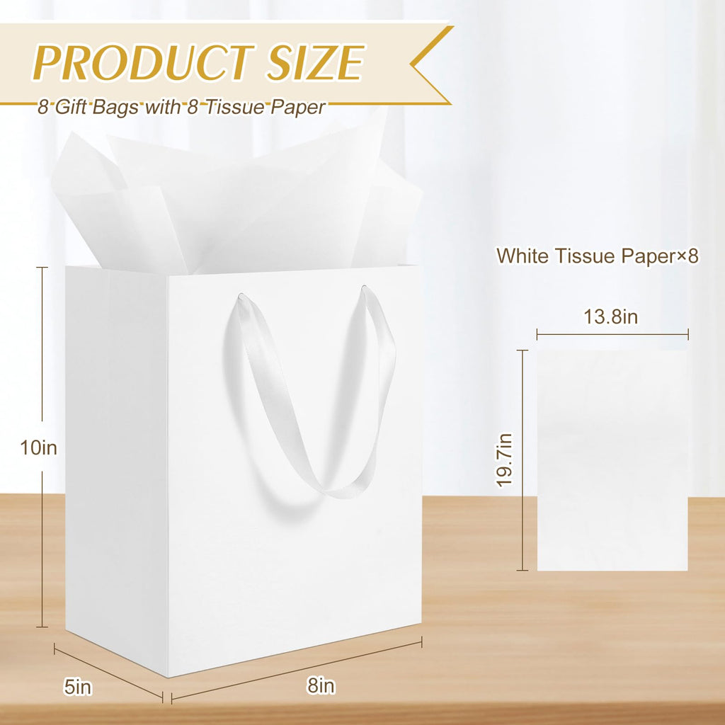 8 Pack Medium White Gift Bags with Handles & 8 Tissue Papers