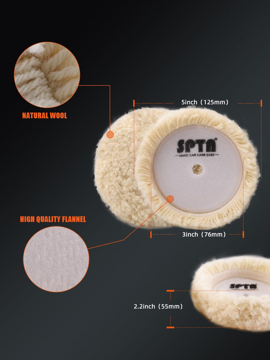 Wool Polishing Pad, 5Pcs 3"(75mm) 100% Natural Wool Buffing Pad with 1Pc Hook&Loop Backing Pad, 1Pc Extension Shank