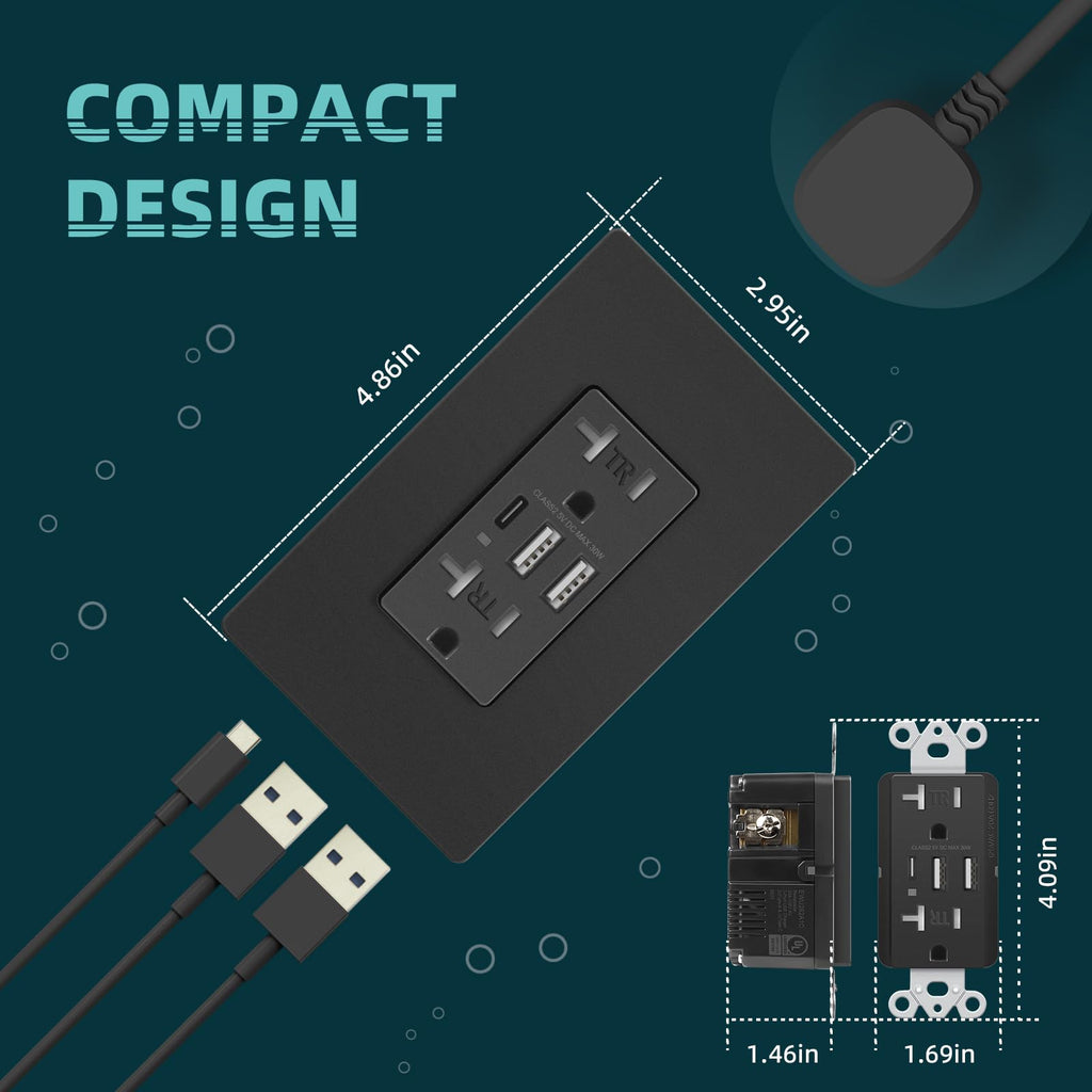 TOPELER Black USB Outlet, 6.0A/30W Dual Type A&C USB Charging Wall Outlet