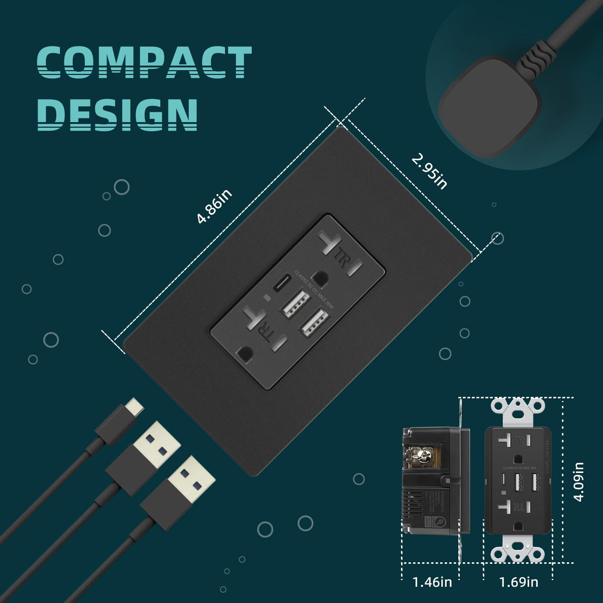 TOPELER Black USB Outlet, 6.0A/30W Dual Type A&C USB Charging Wall Outlet