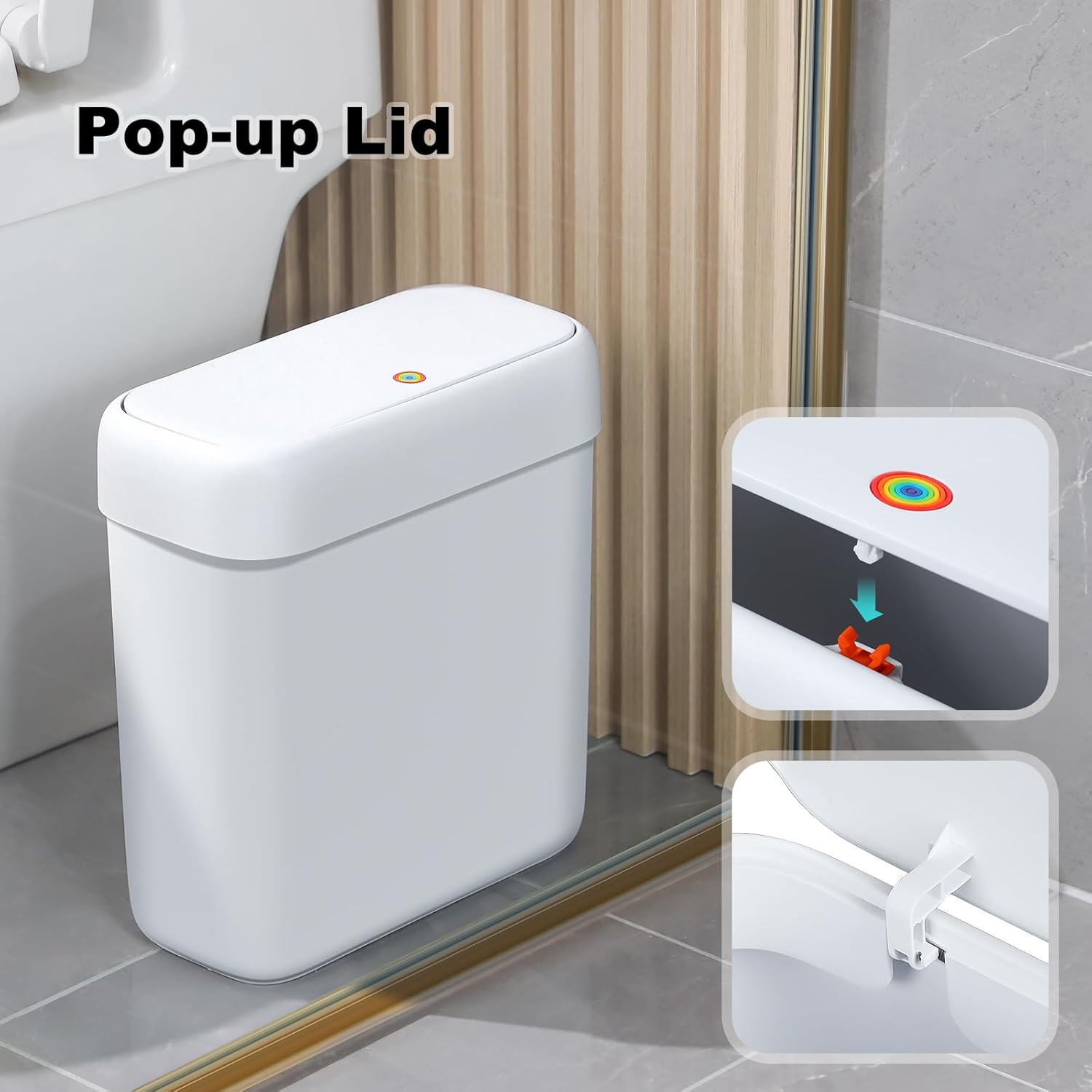 Bathroom Small Trash Can with Lid,10L / 2.7 Gallon Slim Garbage Bin Wastebasket with Press Top Lid for