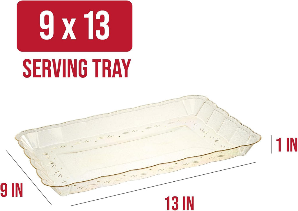 Plastic Serving Trays - Serving Platters Rectangle 9X13 Disposable Gold Glitter Party Dish Includes 4 Trays