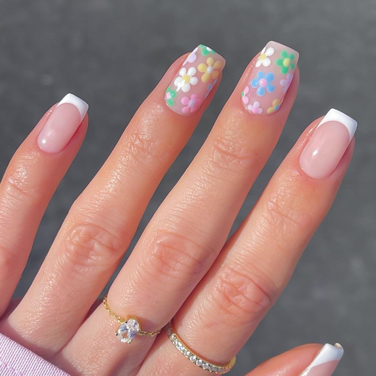 6 Packs (144 Pcs) Press on Nails Square - Short, Medium Nails Press ons - French Tip Fake Nails with Flower Design
