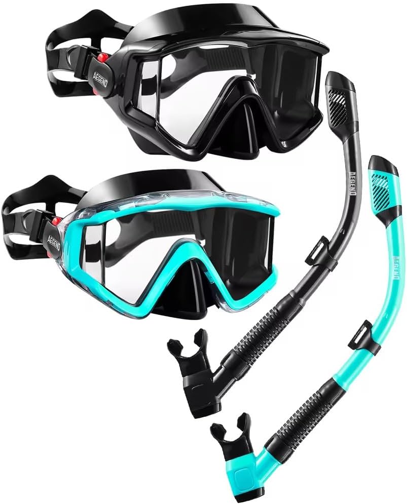 Snorkeling Gear for Adult Kid - Anti-Fog Mask with Top Dry Valve | Panoramic View Anti-Leak Snorkel Set with Travel