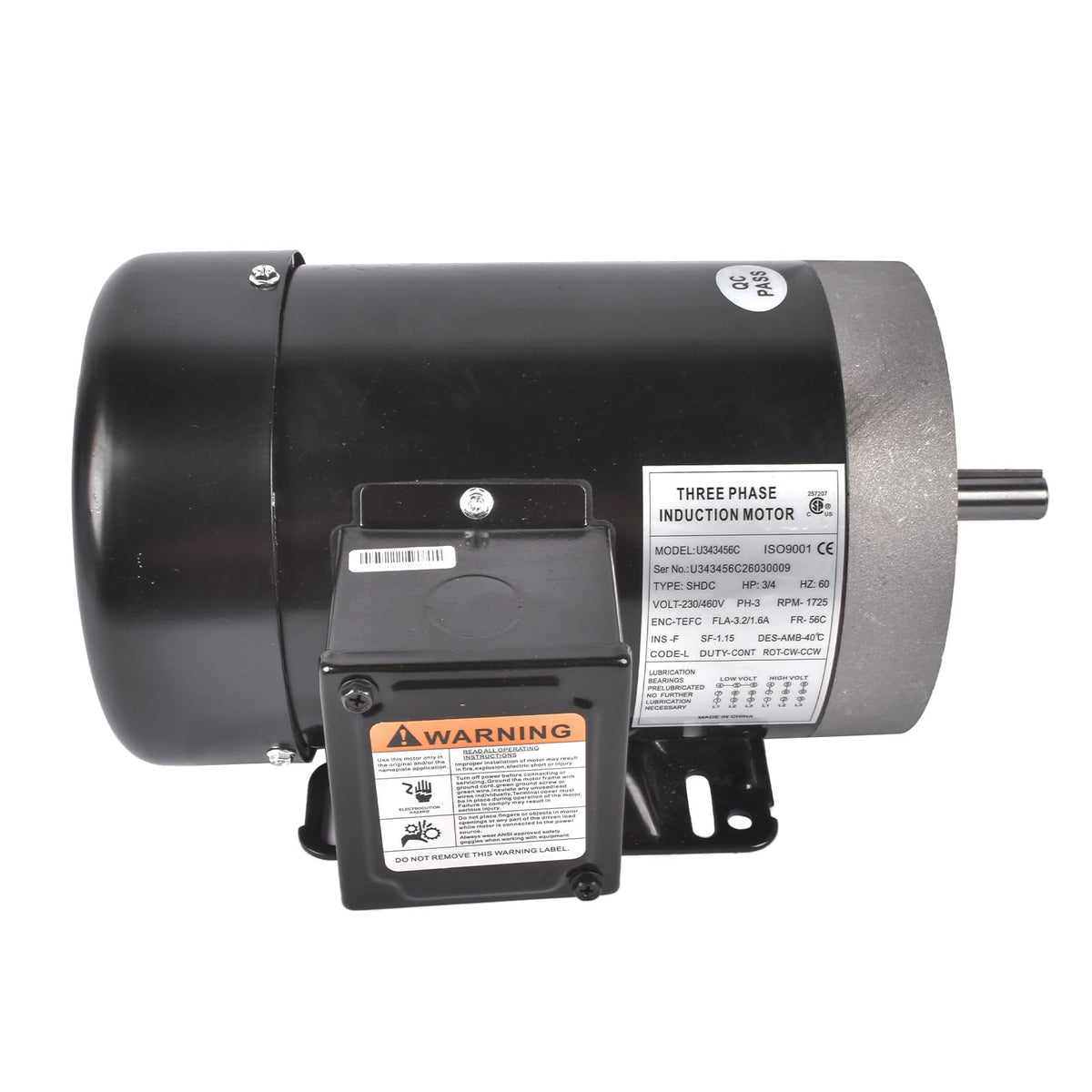 3/4HP Air Compressor Motor, 1725RPM, 3 Phase, with Removable Base